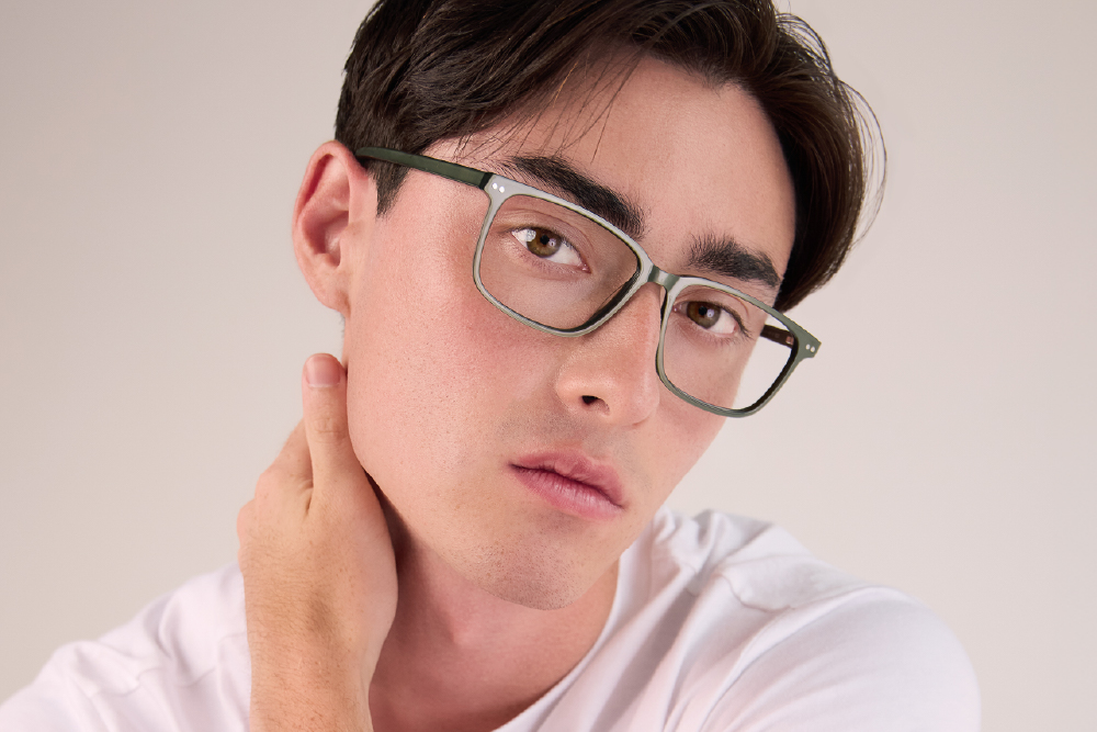 Andrew Acetate eyeglasses frame worn by model.